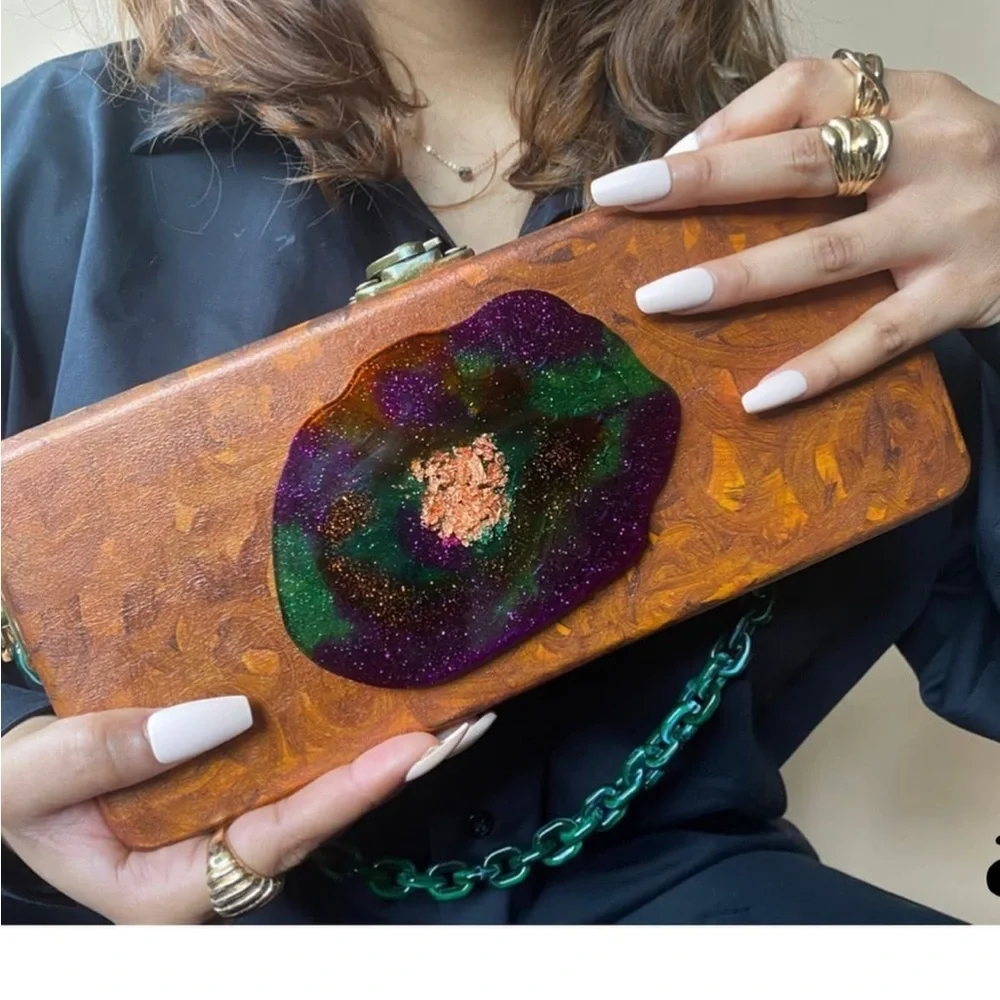 Unique Handcrafted Green and Purple Wooden Clutch